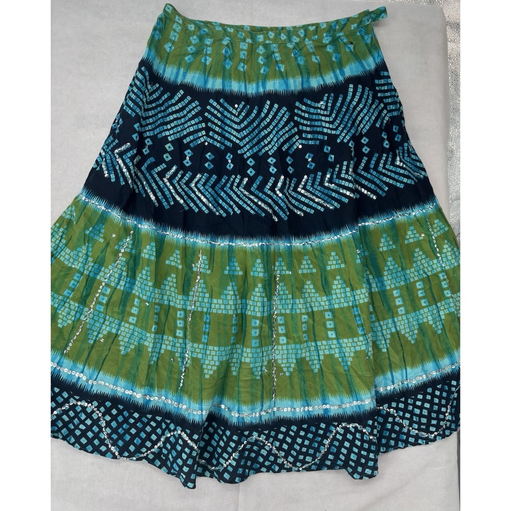 Mirasol Womens XL Blue Green Tie Dye Tiered Sequin Boho Maxi Skirt